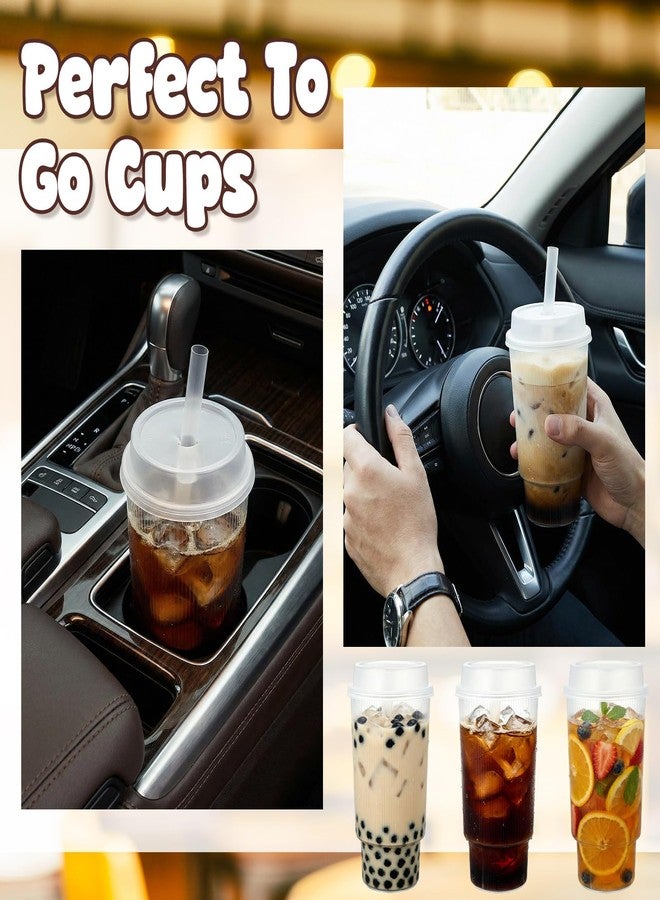 Ferrochef 25 Set 22 oz Plastic Ribbed Cups with Lids and Straws Disposable Plastic Ribbed Iced Coffee Cup for Cold Beverage Juice Smoothie Crystal for Coffee Shops Party Catering - Image 5